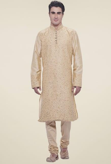 manyavar beige mandarin collar kurta set