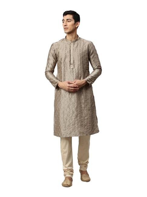 manyavar beige regular fit self design kurta set