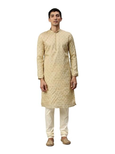 manyavar beige regular fit self design kurta set