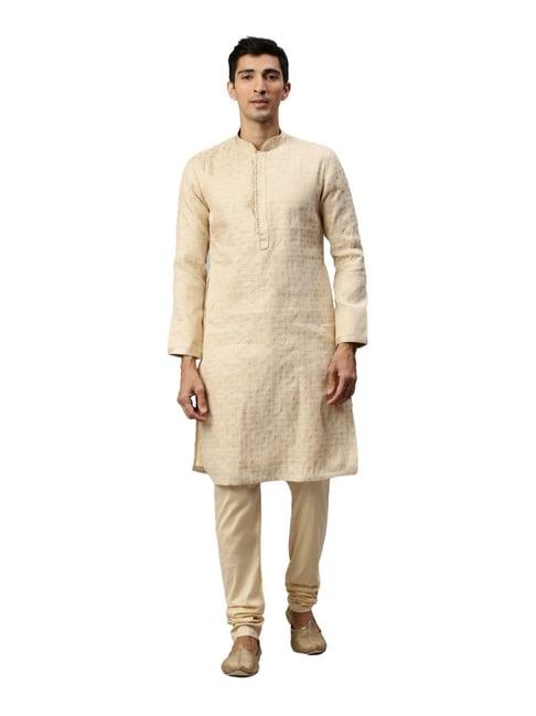 manyavar beige regular fit self design kurta set