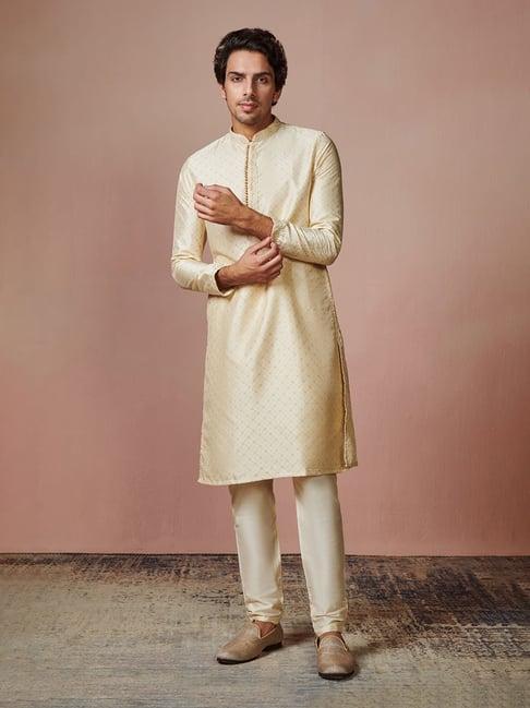 manyavar beige self design kurta with pyjamas set