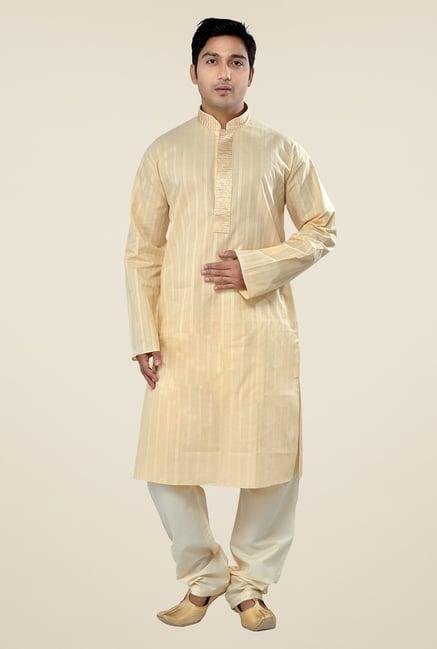 manyavar beige striped kurta & pyjama set