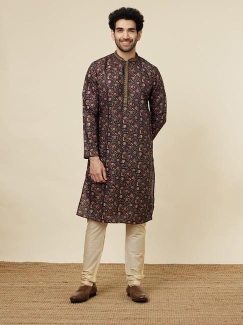 manyavar black & gold regular fit printed kurta & churidar set