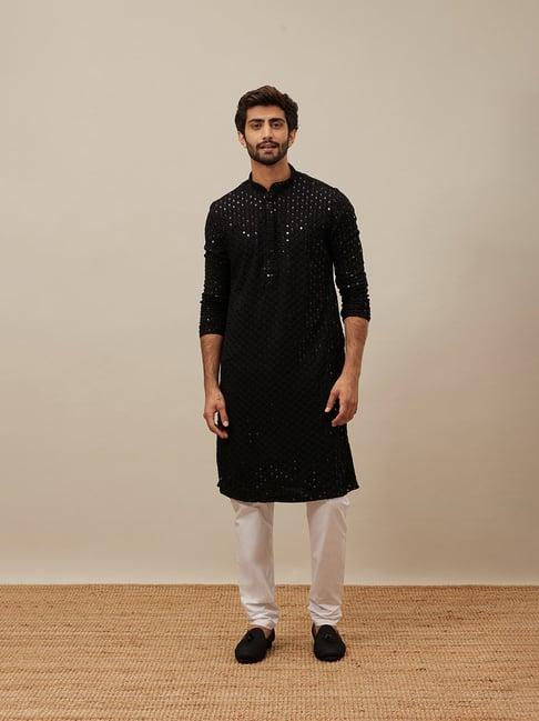 manyavar black regular fit embroidered kurta