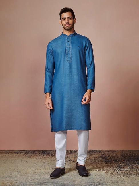 manyavar blue & white kurta with pyjamas set