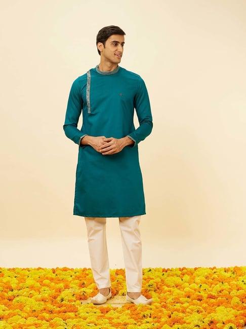 manyavar blue & white regular fit self design kurta & pyjamas set