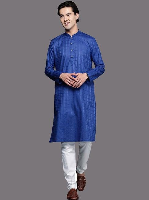 manyavar blue & white regular fit self design kurta & pyjamas set