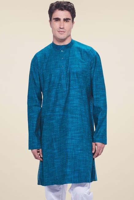 manyavar blue cotton full sleeves kurta