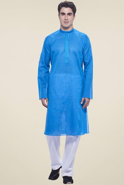 manyavar blue cotton regular fit kurta set