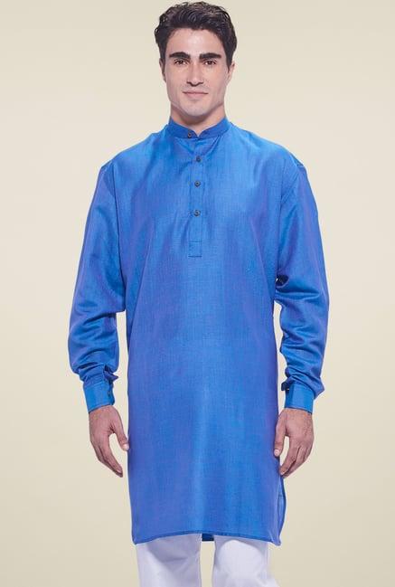 manyavar blue cotton regular fit kurta