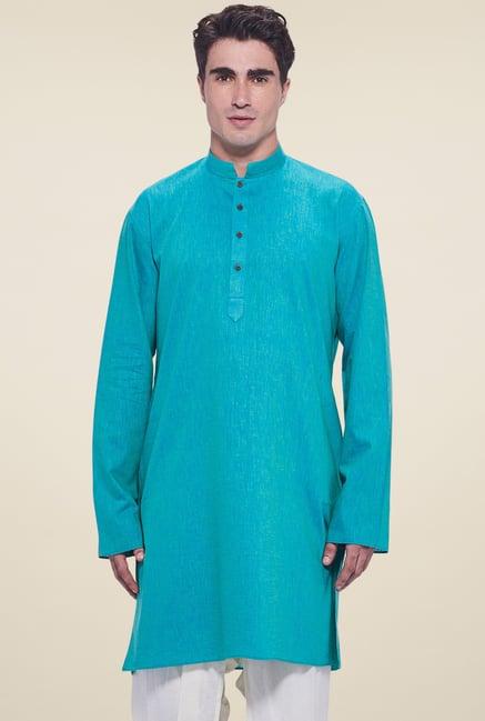 manyavar blue full sleeves mandarin collar kurta