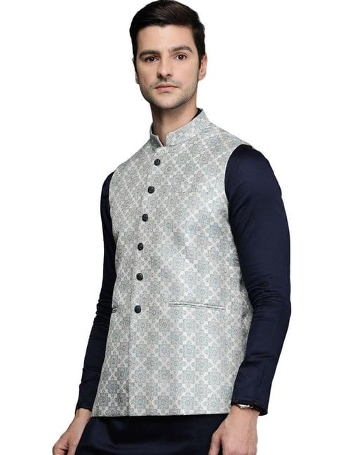 manyavar blue regular fit self pattern nehru jackets