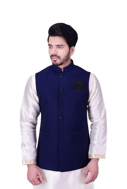 manyavar blue self design ethnic waistcoat