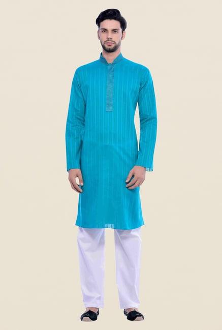 manyavar blue striped kurta & pyjama set