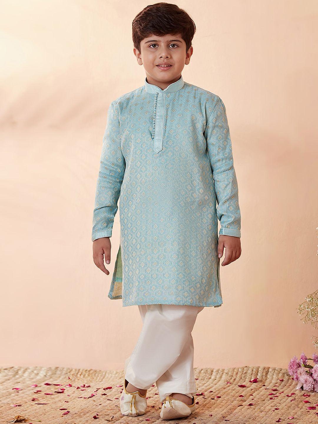 manyavar boys blue ethnic motifs thread work kurta with pyjamas