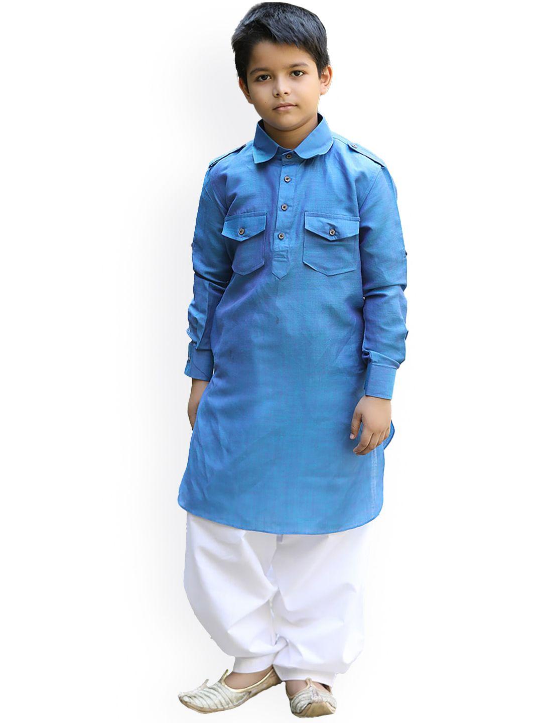 manyavar boys blue solid pathani kurta with dhoti pants