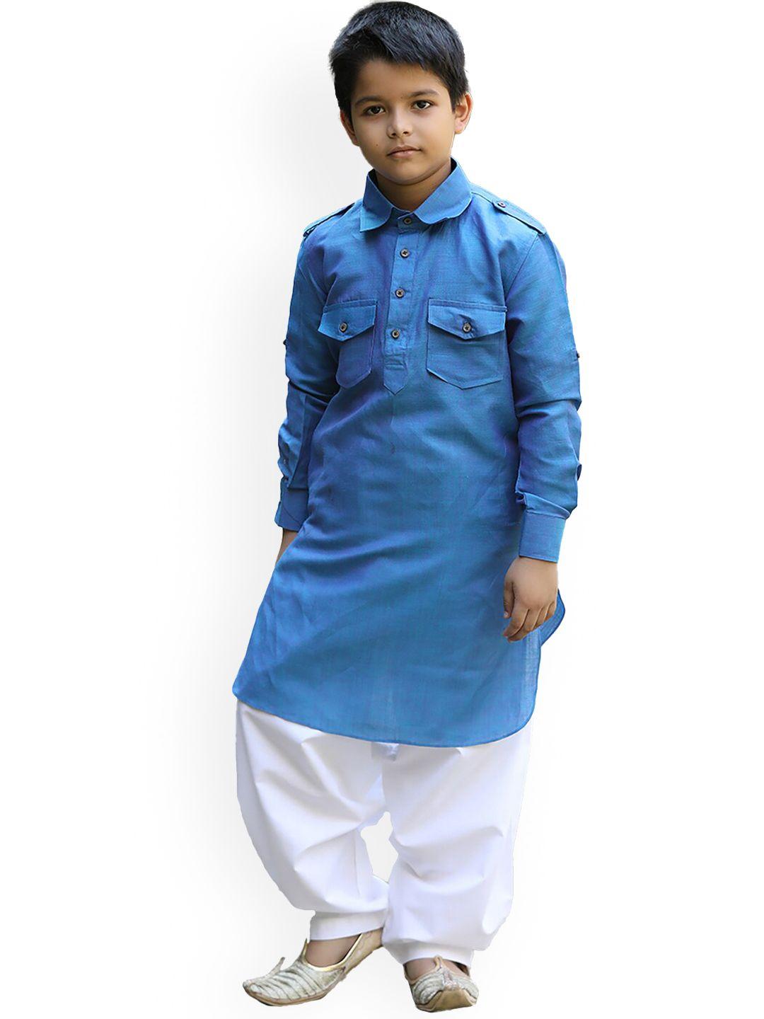 manyavar boys blue solid pathani kurta with dhoti pants