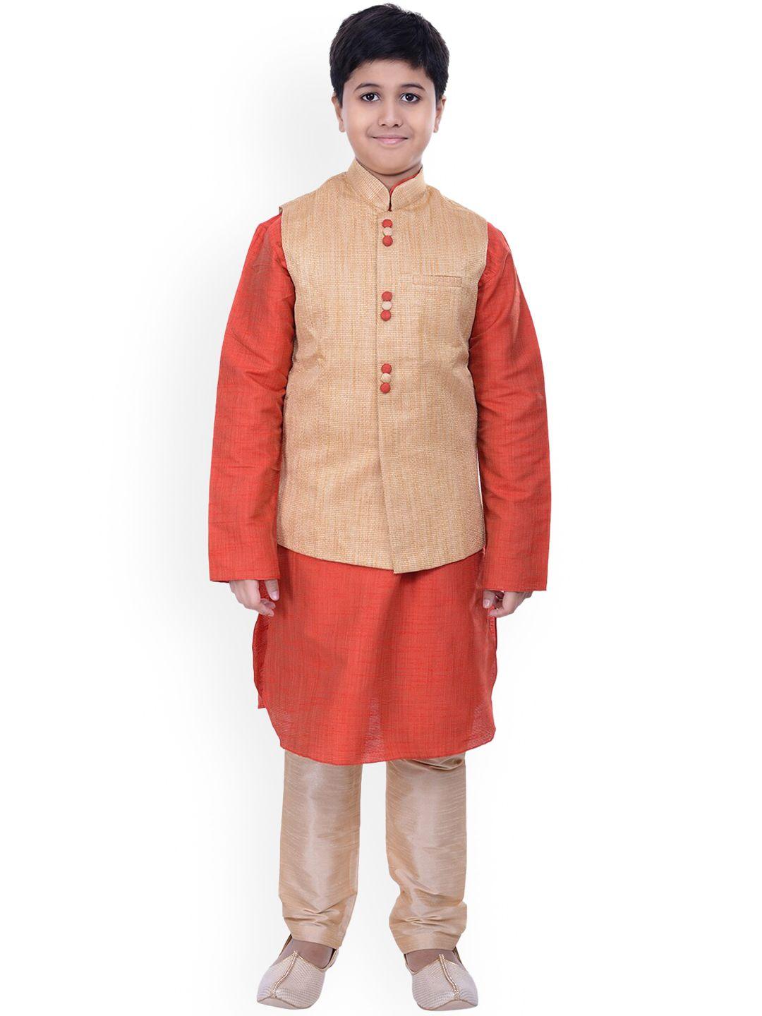 manyavar boys cream-coloured & red kurta with churidar with nehru jacket