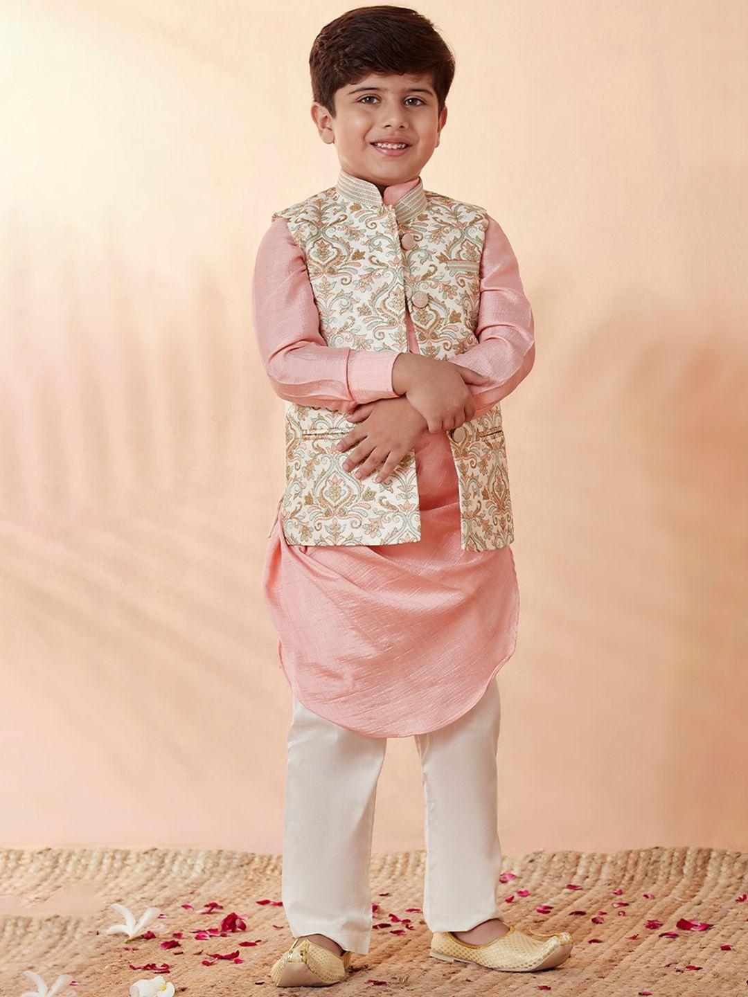 manyavar boys cream-coloured floral kurta with pyjamas & nehru jacket
