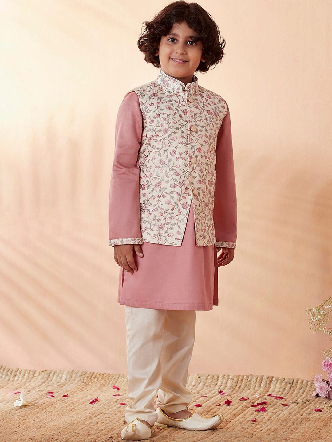 manyavar boys cream-coloured floral kurta with pyjamas