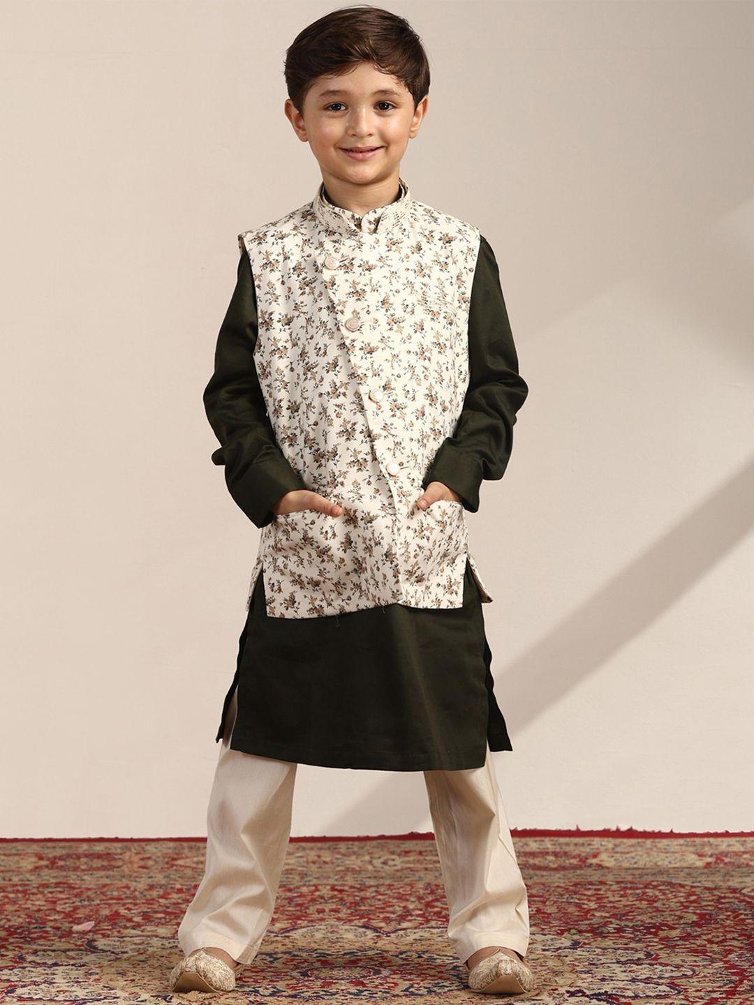 manyavar boys floral printed kurta with pyjamas with jacket