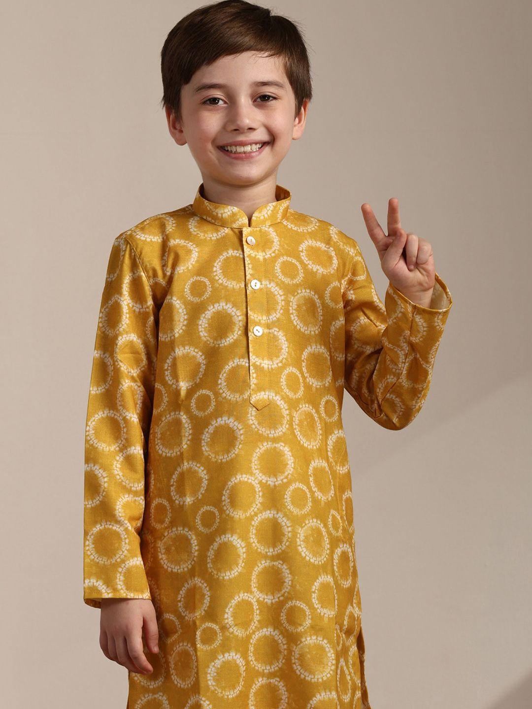 manyavar boys geometric printed band collar straight kurta with pyjamas