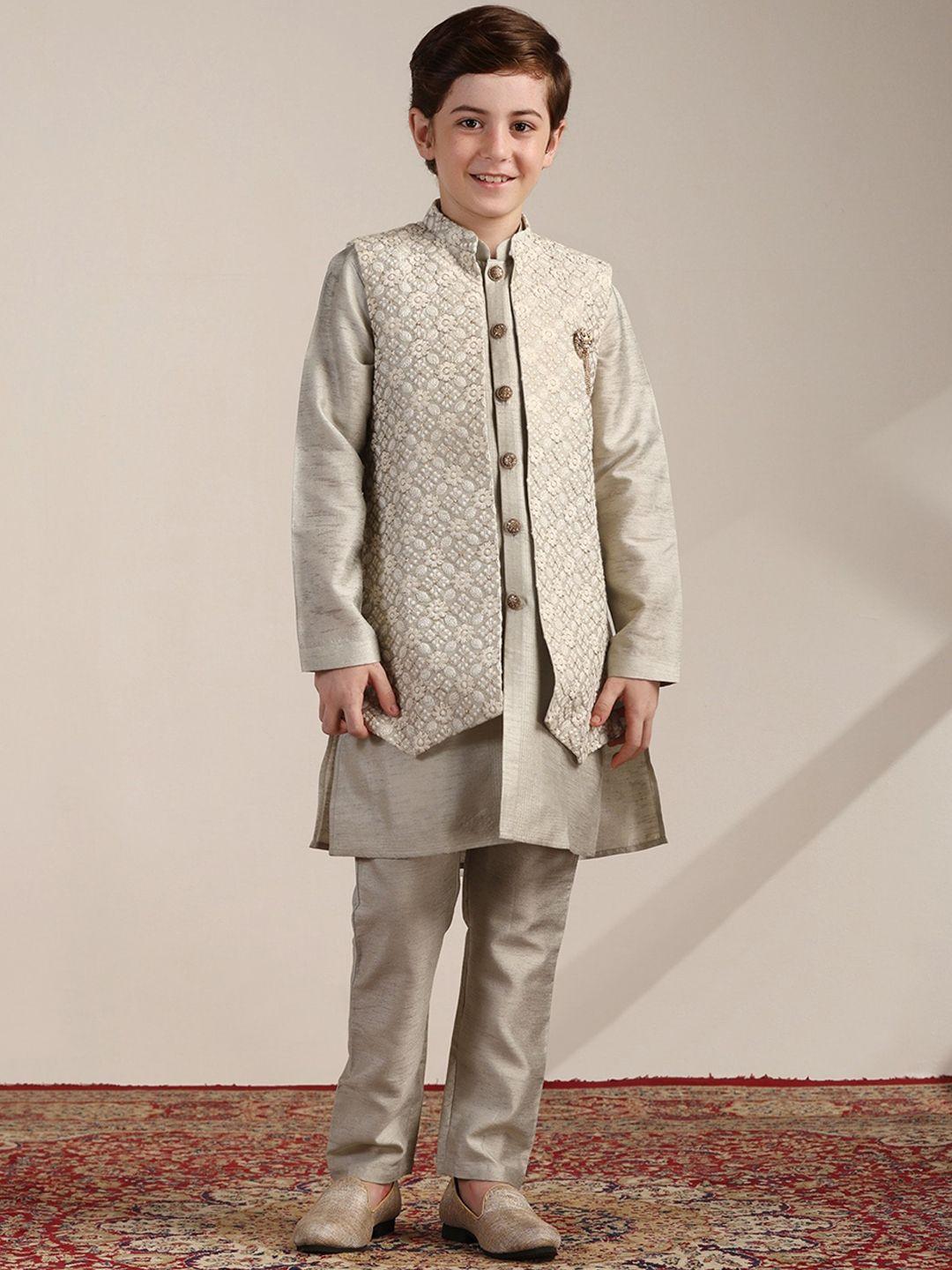 manyavar boys mandarin collar straight kurta and trousers with jacket