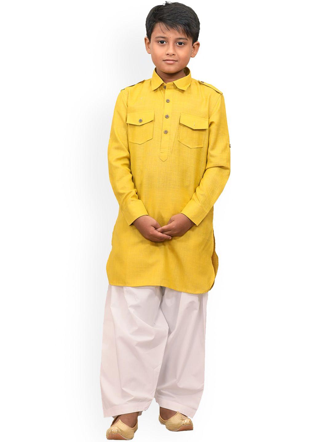 manyavar boys mustard yellow & white kurta with patiala