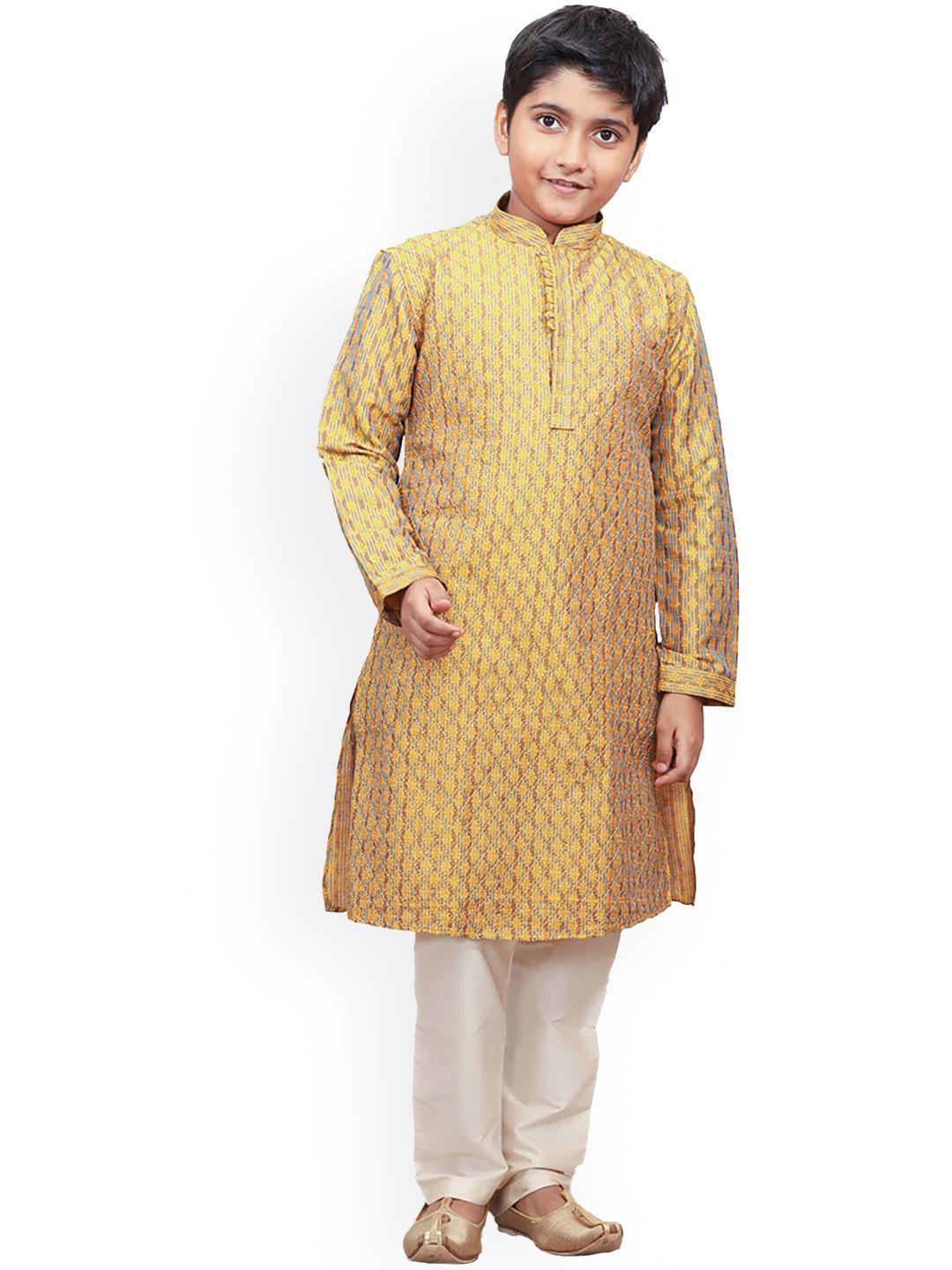 manyavar boys mustard yellow & white woven design kurta with pyjamas