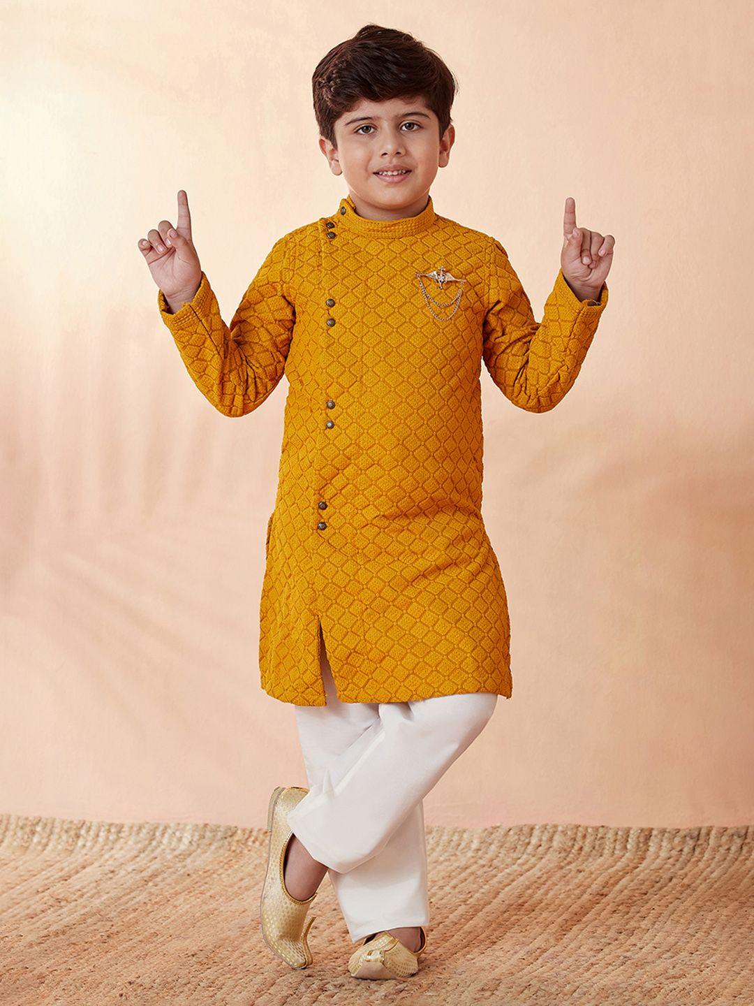 manyavar boys mustard yellow embroidered angrakha thread work kurta with pyjamas