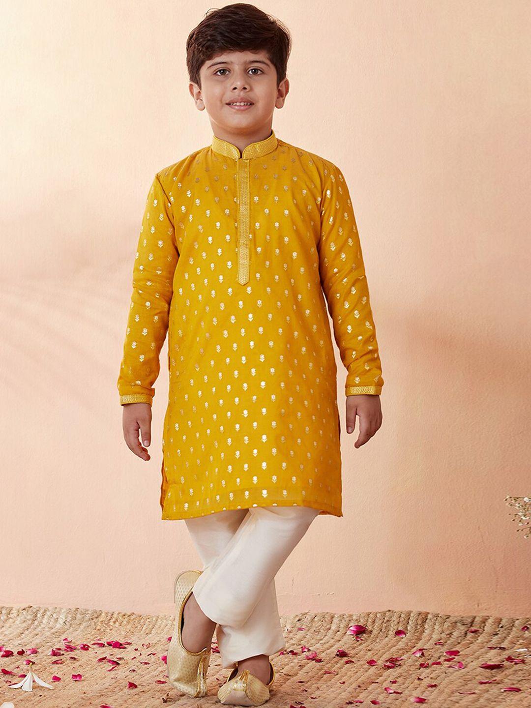 manyavar boys mustard yellow floral printed chanderi silk kurta with pyjamas