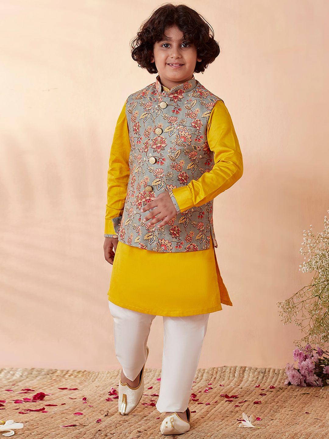 manyavar boys mustard yellow floral printed kurta with pyjamas & nehru jacket
