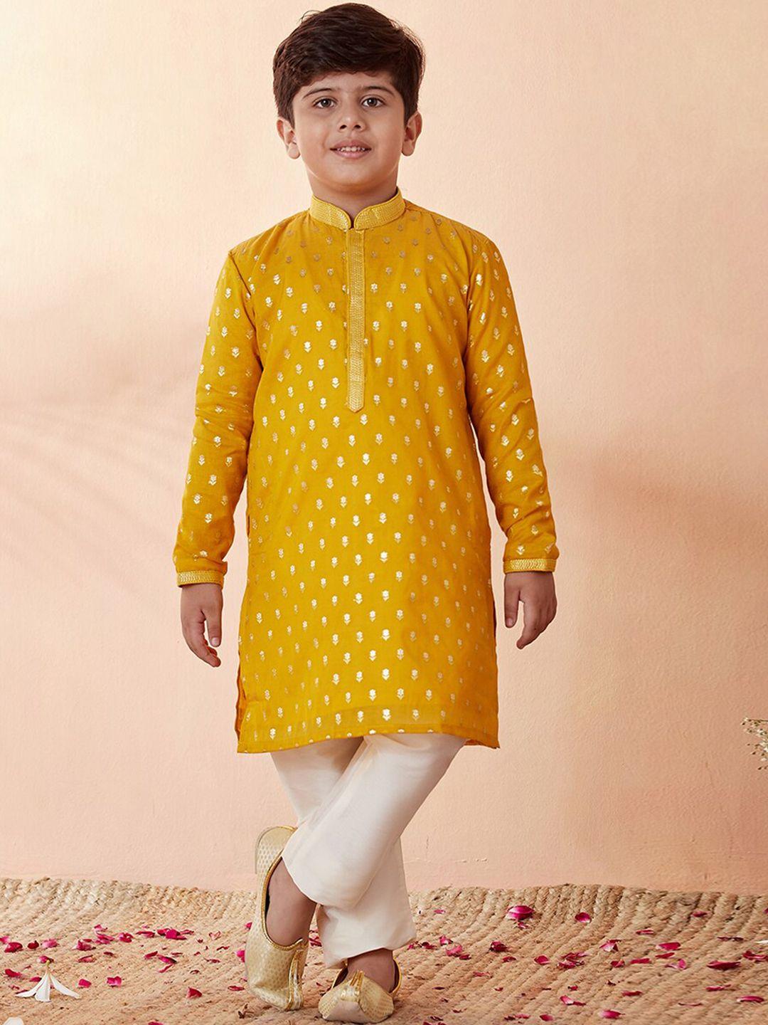 manyavar boys mustard yellow printed chanderi silk kurta with pyjamas