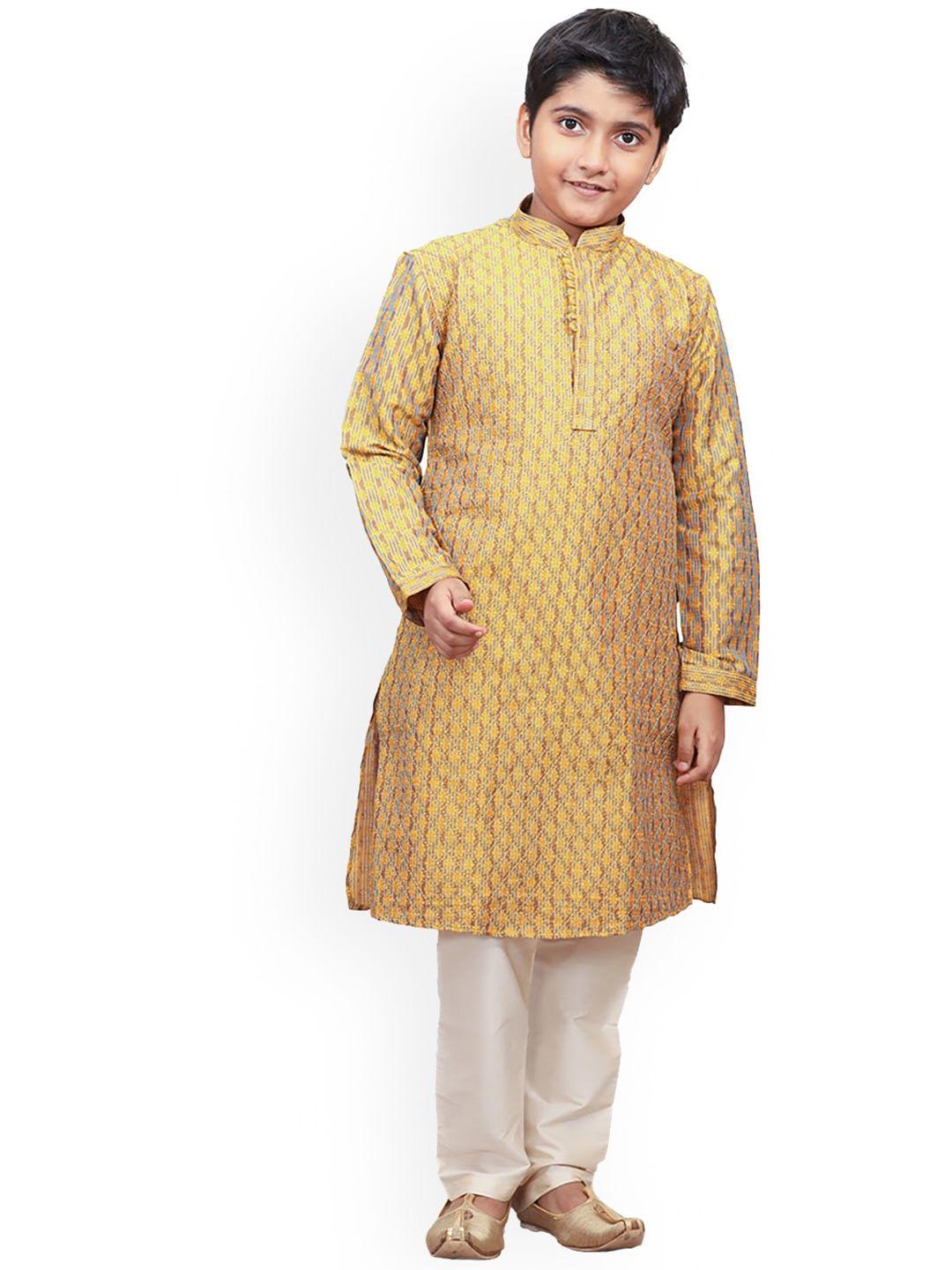 manyavar boys mustard yellow woven design jacquard art silk kurta with churidar