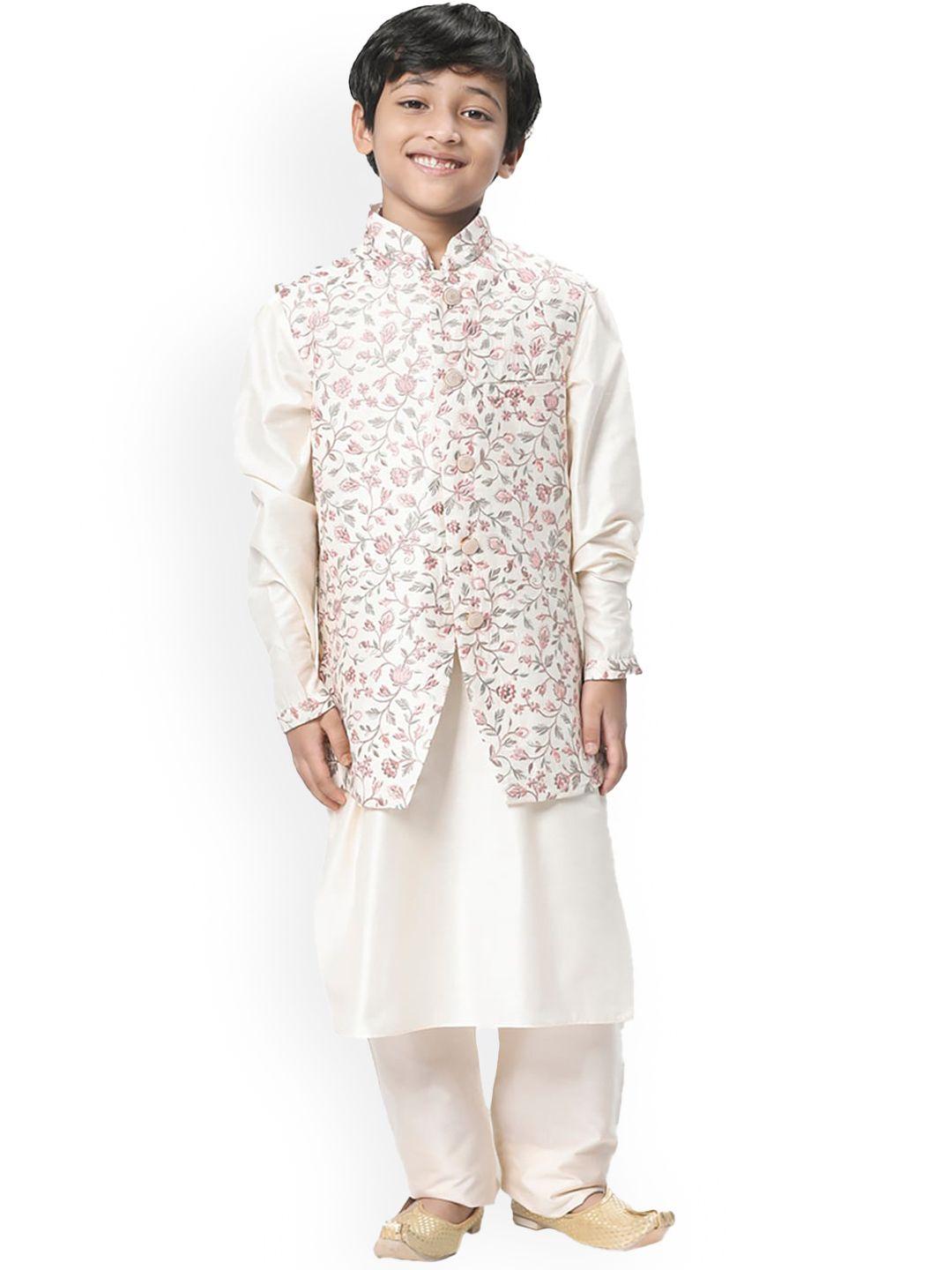 manyavar boys off white layered kurta with churidar & nehru jacket