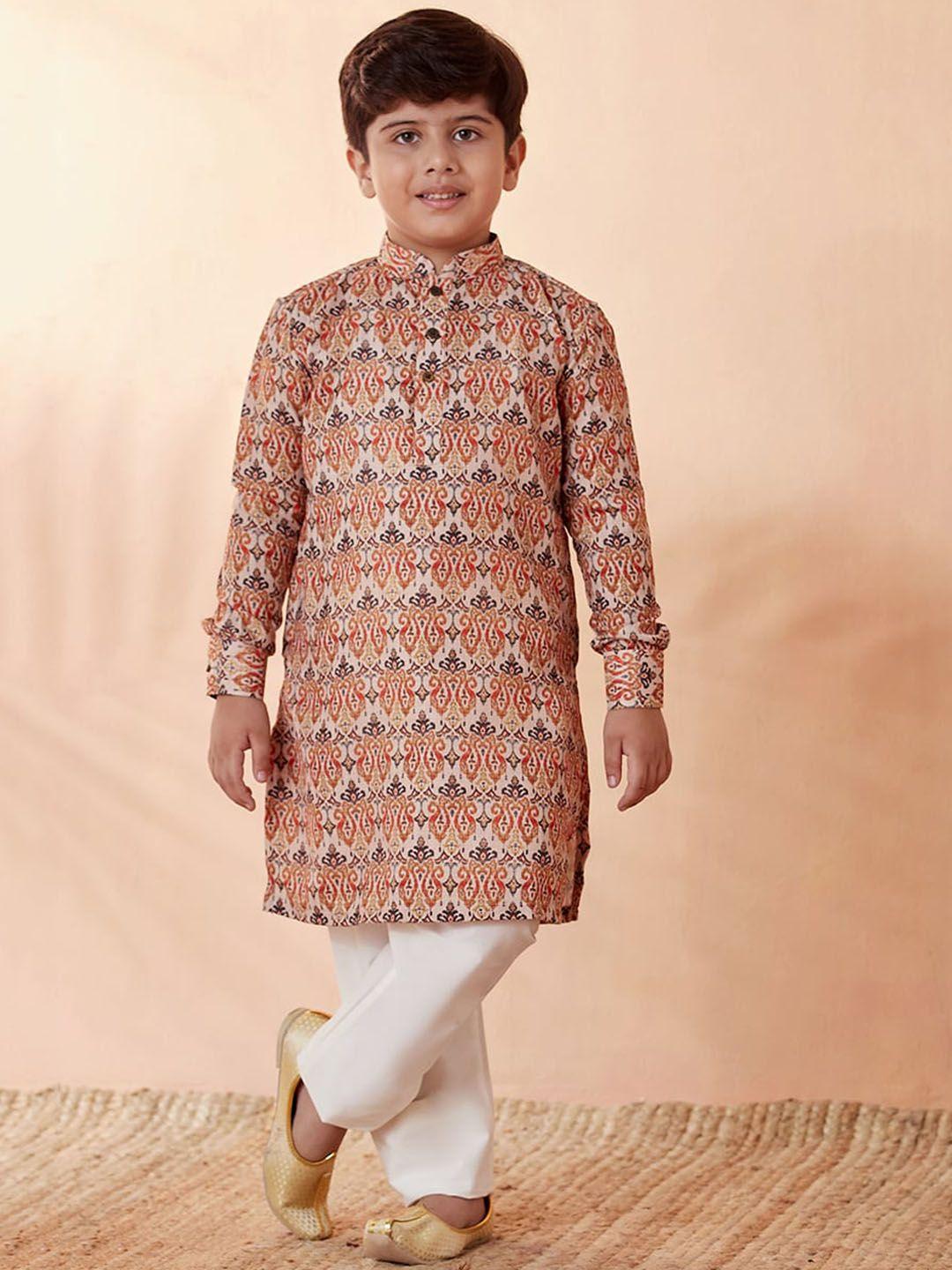 manyavar boys orange ethnic motifs printed kurta with pyjamas