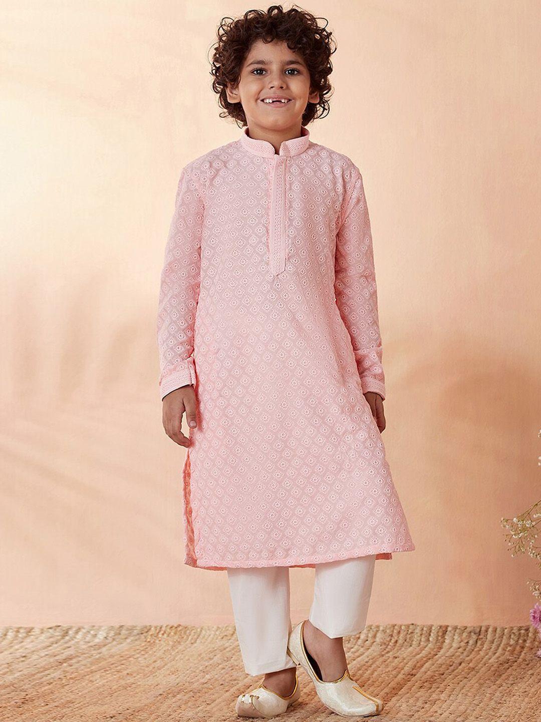 manyavar boys pink floral embroidered kurta with pyjamas