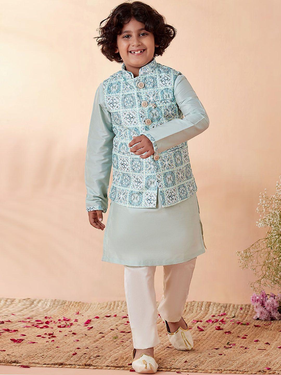 manyavar boys printed kurta with pyjamas & nehru jacket