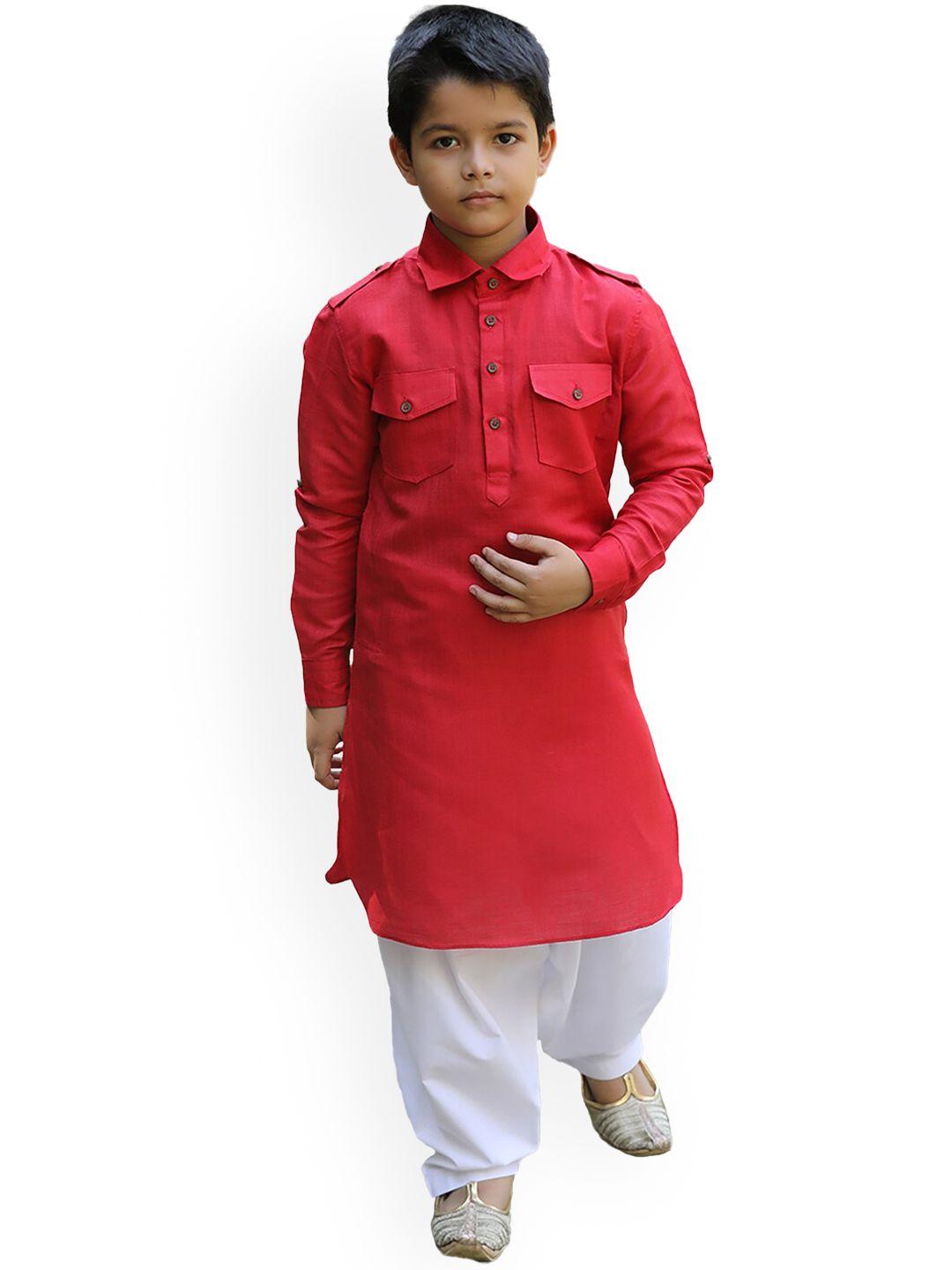 manyavar boys red solid kurta with dhoti pants