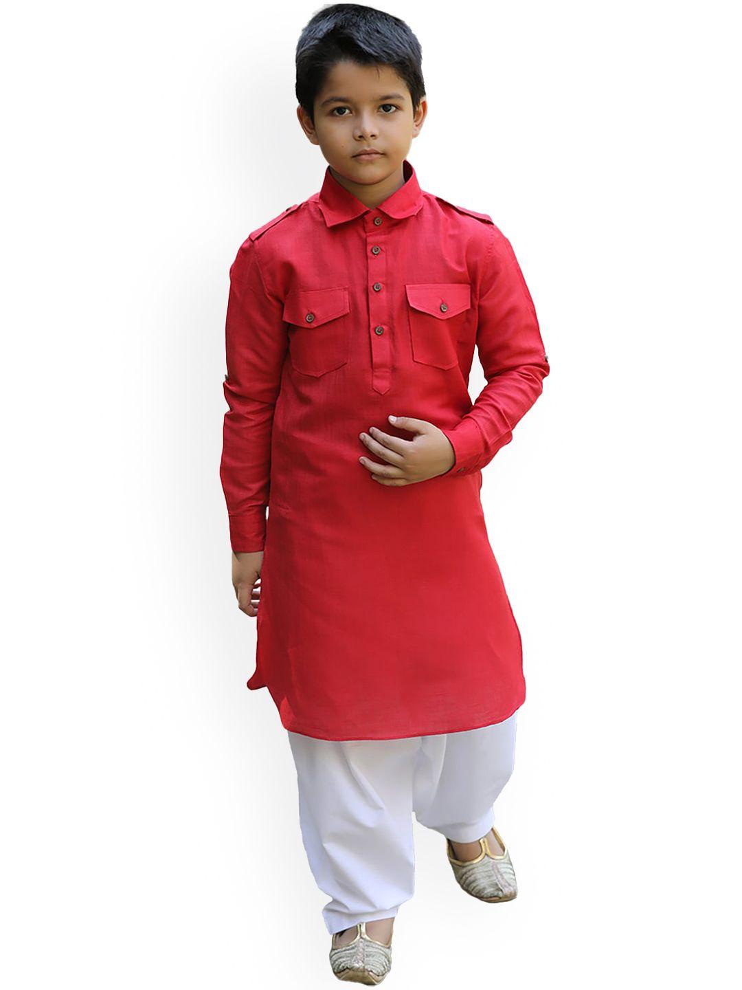 manyavar boys red solid pathani kurta with dhoti pants