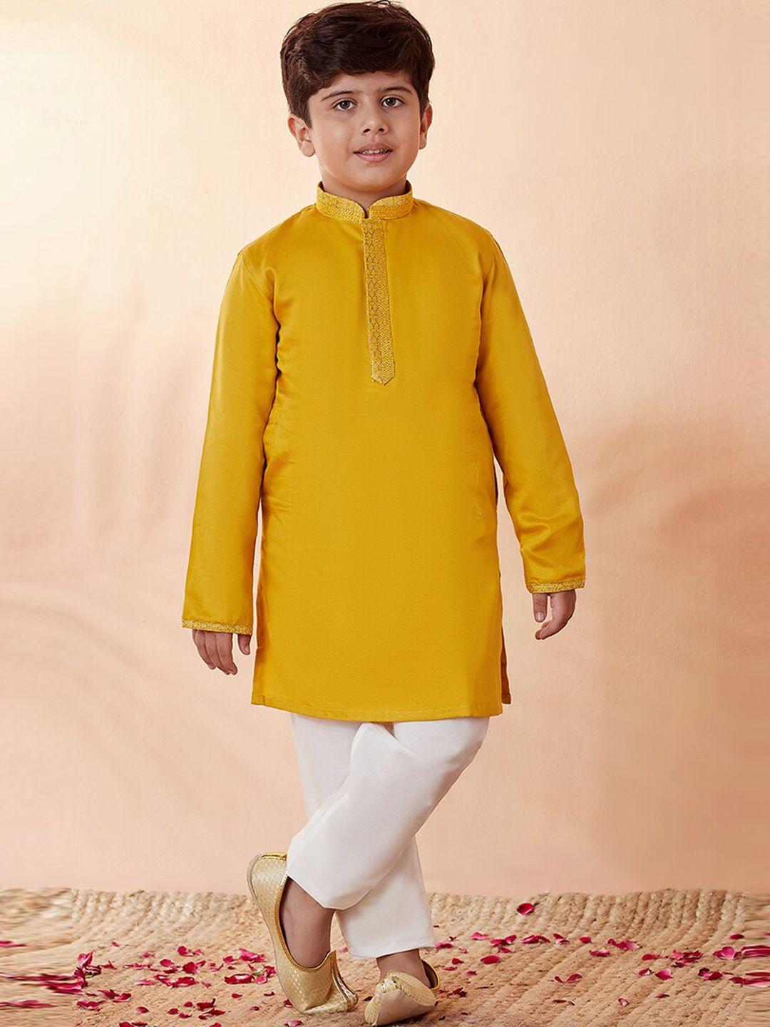 manyavar boys yellow solid kurta with pyjamas