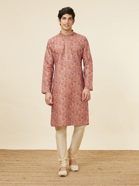 manyavar coral & cream regular fit printed kurta & churidar set