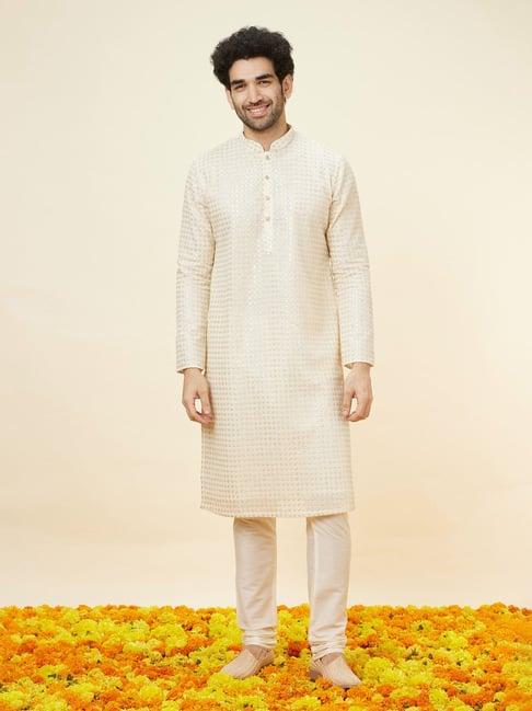 manyavar cream regular fit embroidered kurta & pyjamas set