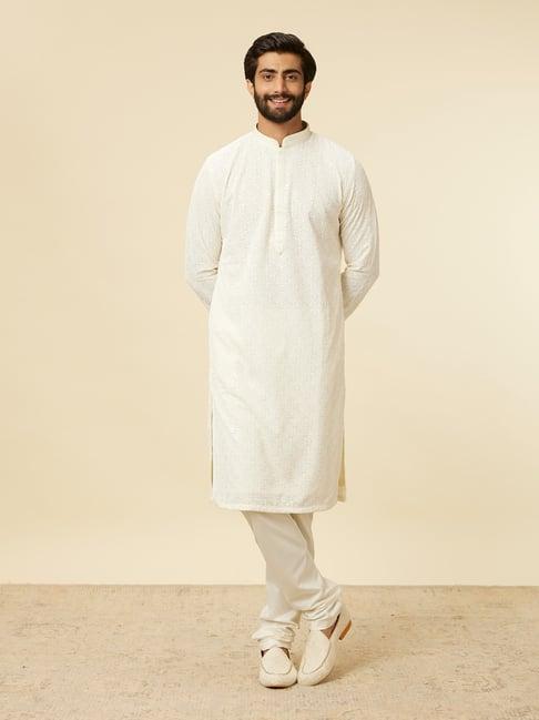 manyavar cream regular fit embroidered kurta & pyjamas set