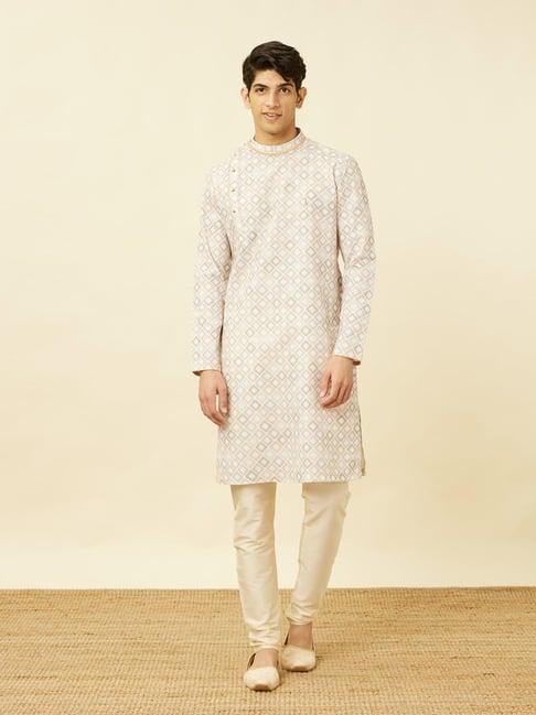 manyavar cream regular fit printed kurta