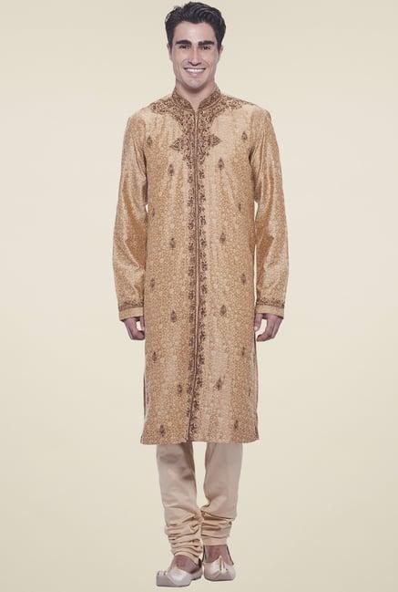 manyavar dark beige cotton full sleeves kurta set