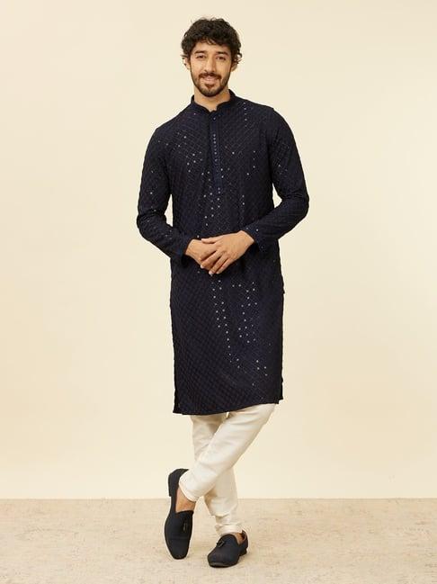 manyavar dark blue & cream embroidered kurta bottom set