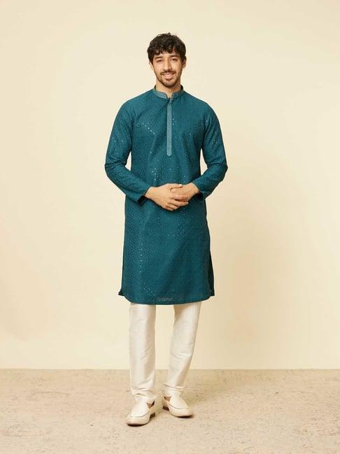 manyavar dark green & white regular fit embroided kurta & pyjama set