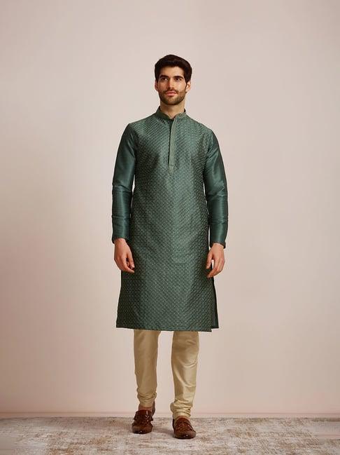 manyavar dark green regular fit embroidered kurta & churidar set