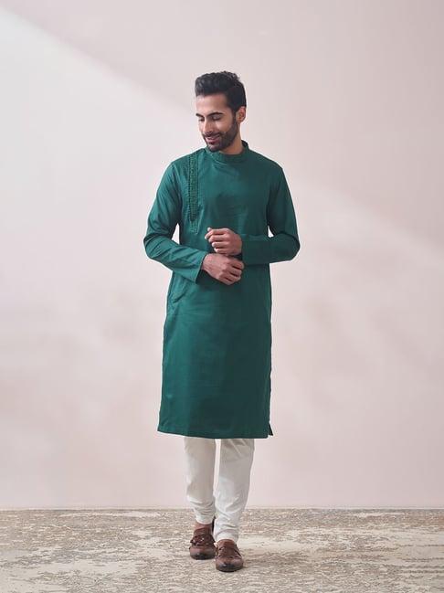 manyavar dark green regular fit striped kurta & pyjama set